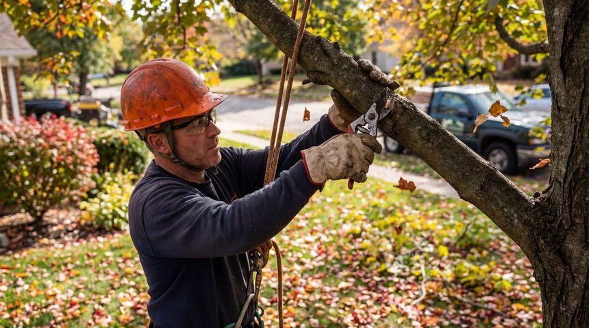 Commercial tree service crew working around business operations in Woodstock, GA