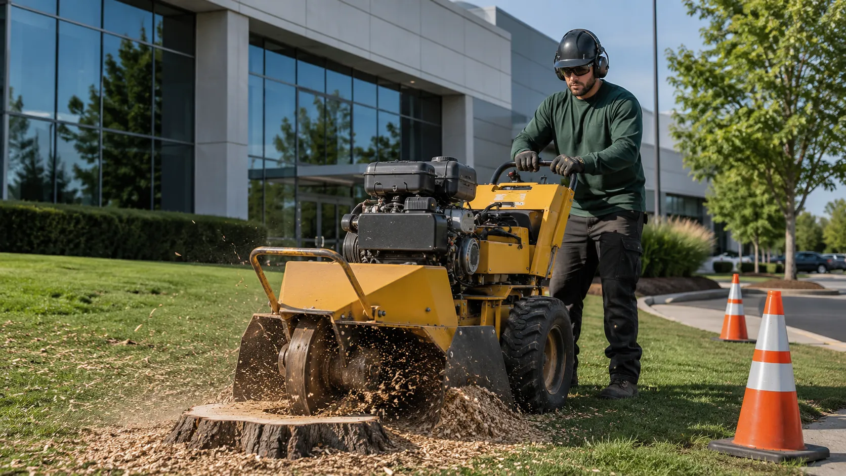 Professional stump grinding service removing a tree stump from a residential yard in Woodstock, GA