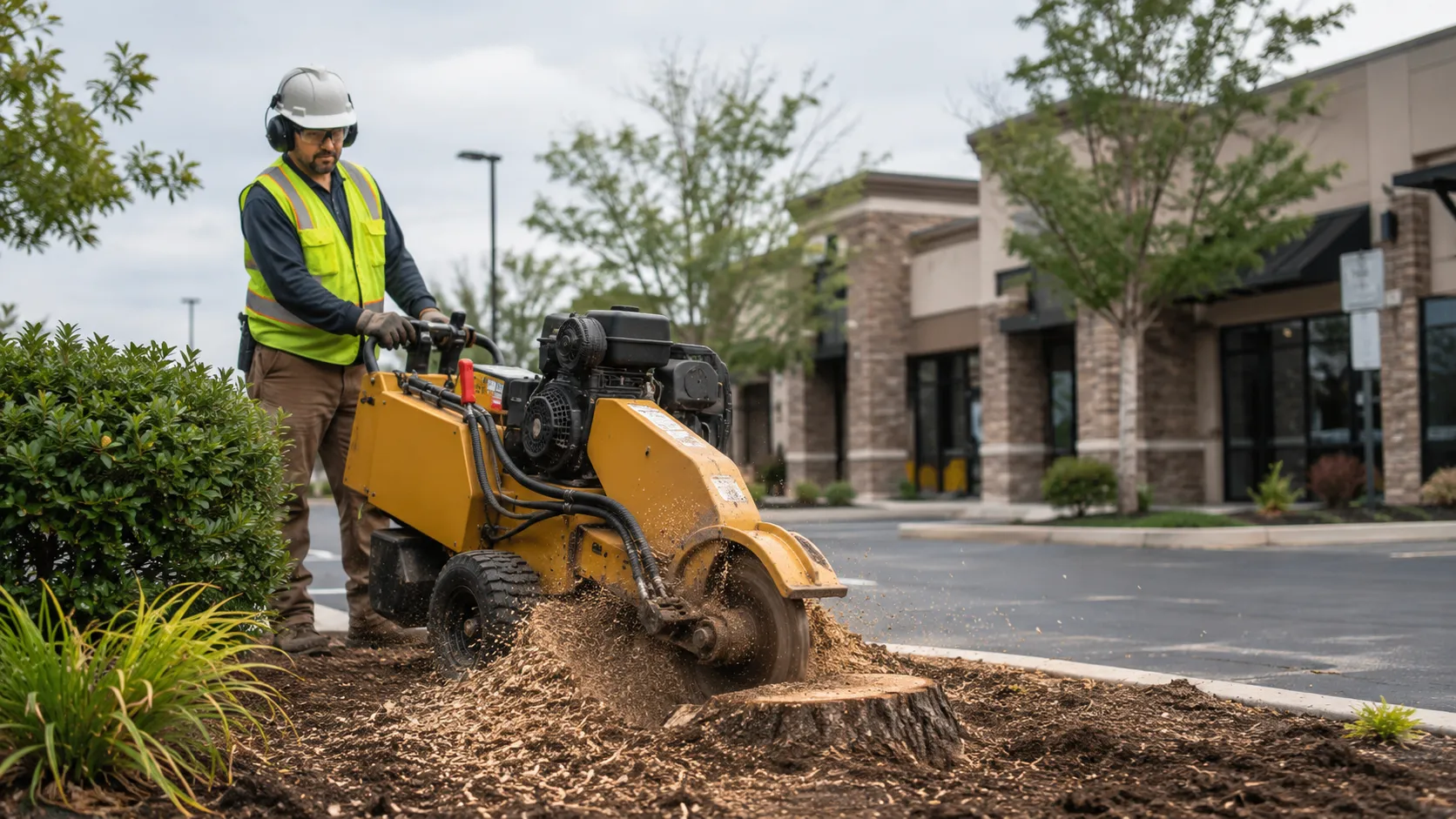 Experienced stump grinding contractors operating modern equipment at a Woodstock property