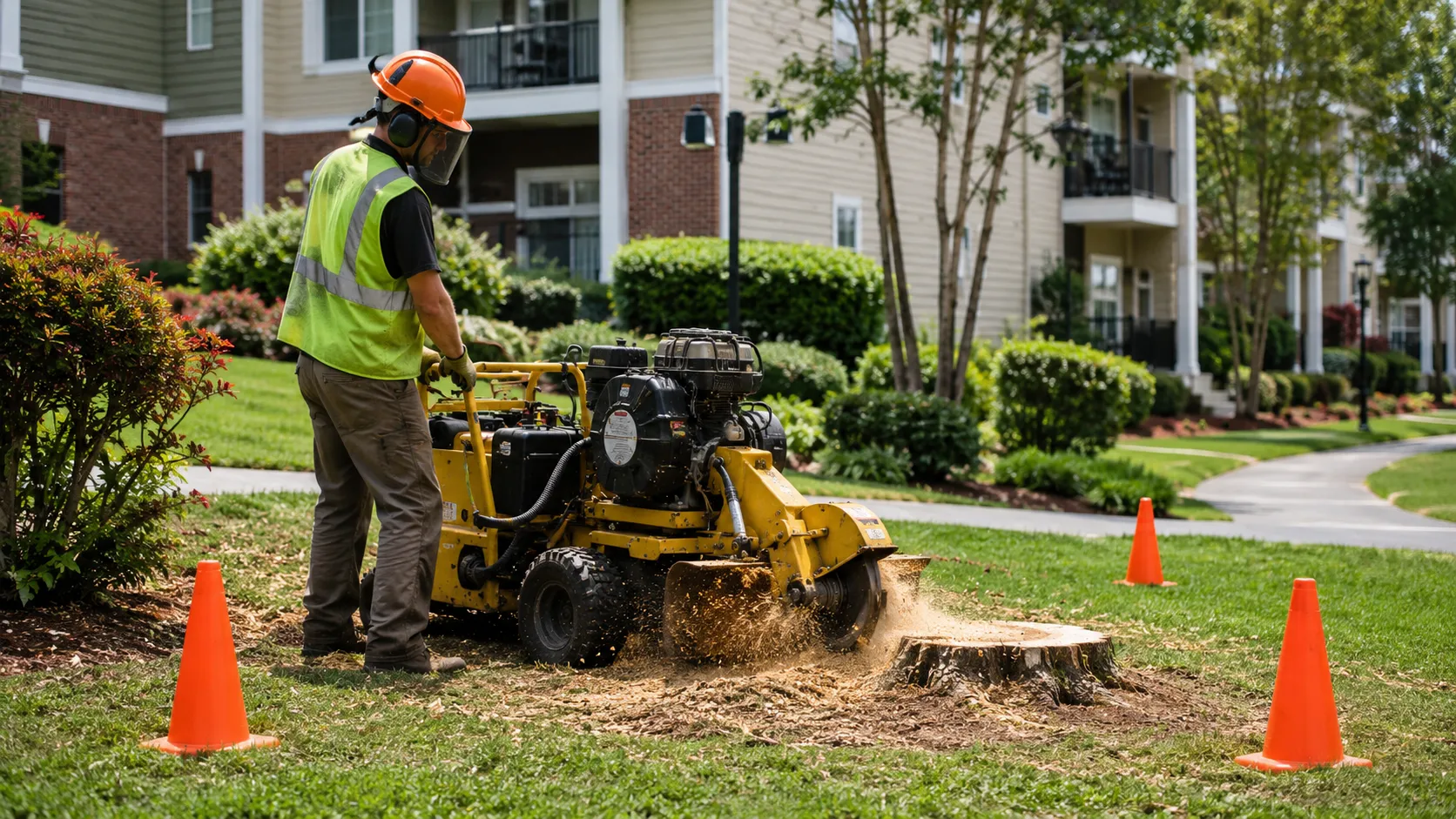 Experienced tree stump grinding crew completing a local Woodstock property project