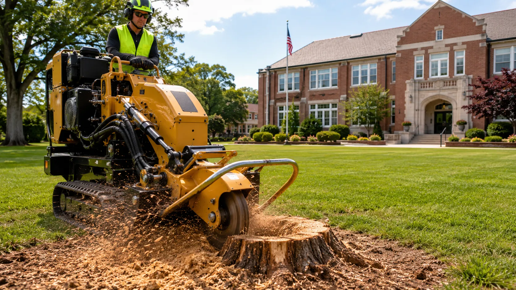 Careful stump grinding near plants and landscaping in a Woodstock, GA, backyard