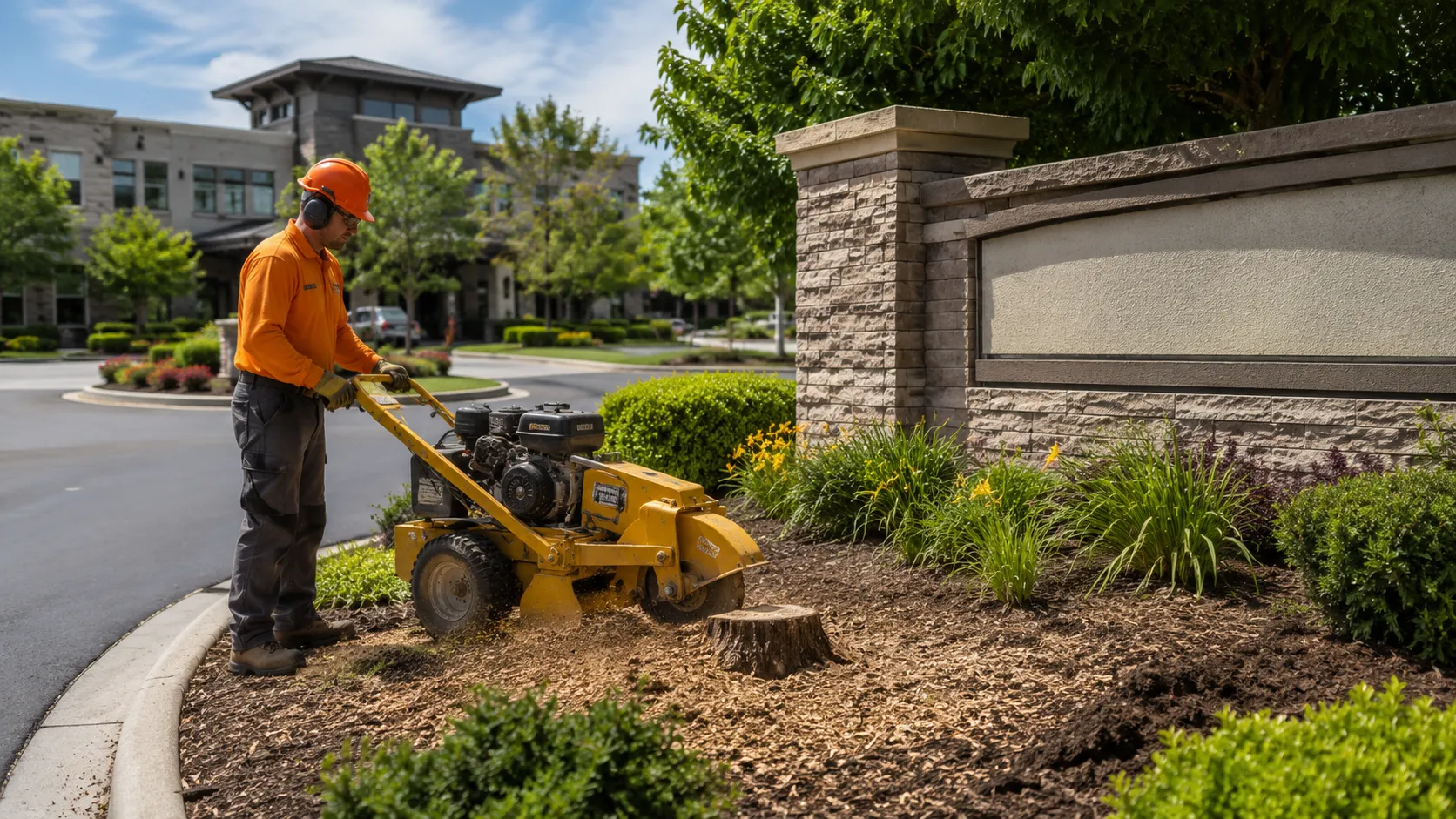 Insured stump grinding contractors preparing a residential work area in Woodstock