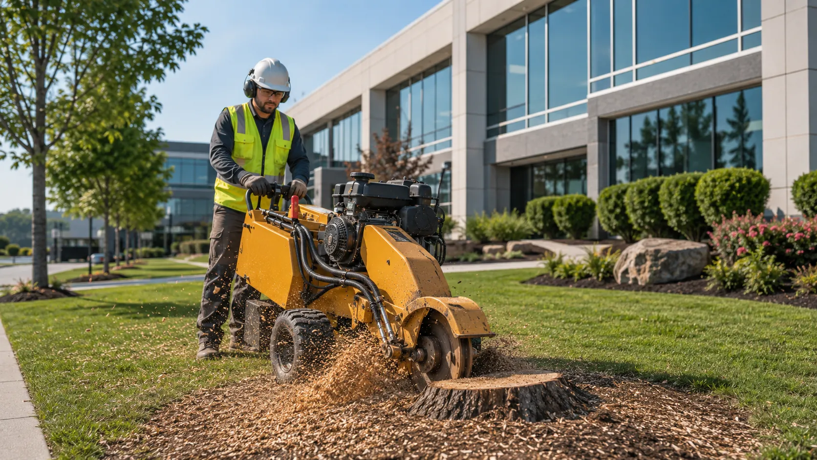 Certified Woodstock stump grinding technician inspecting a tree stump before removal