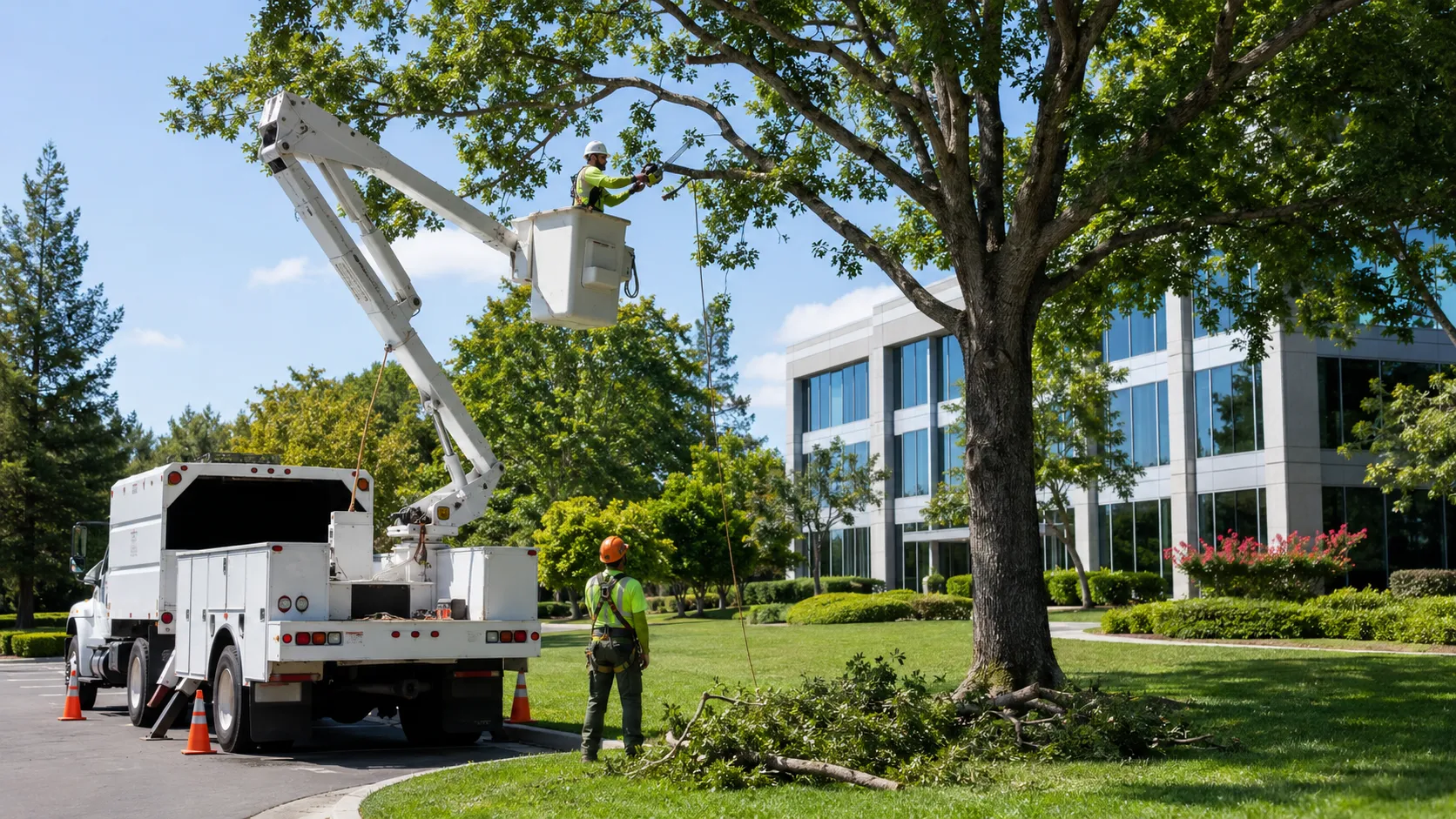 Large tree near a home being evaluated for pruning cost and equipment needs