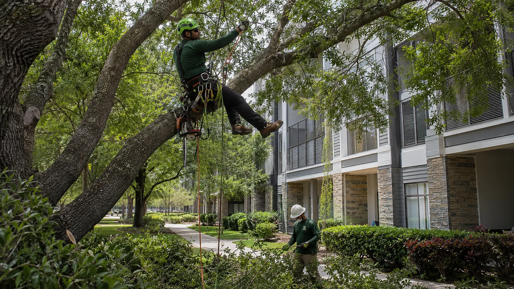 Professional arborist using thinning cuts to improve healthy tree growth