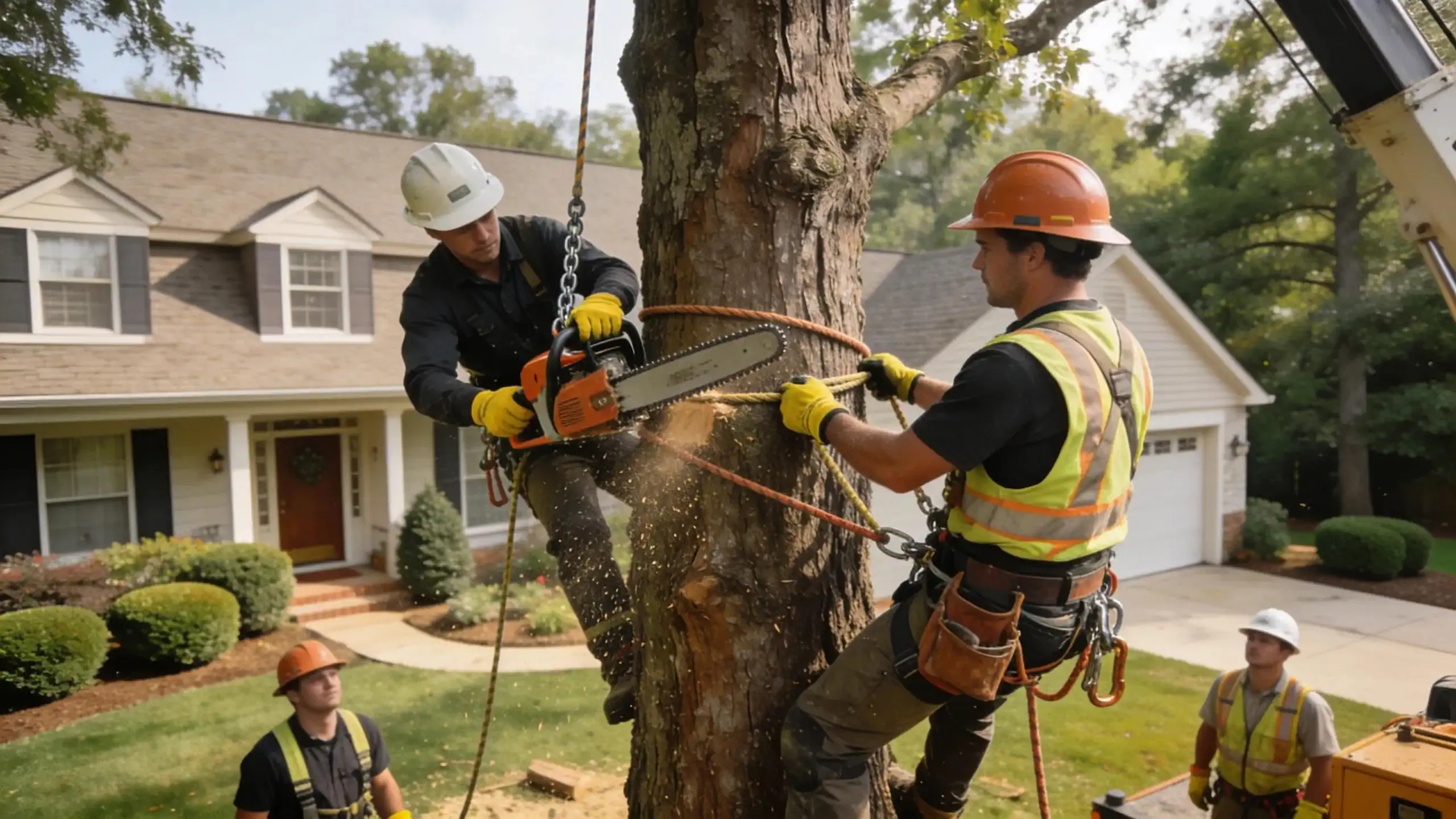 Insured residential tree service crew using safety equipment at a Woodstock home
