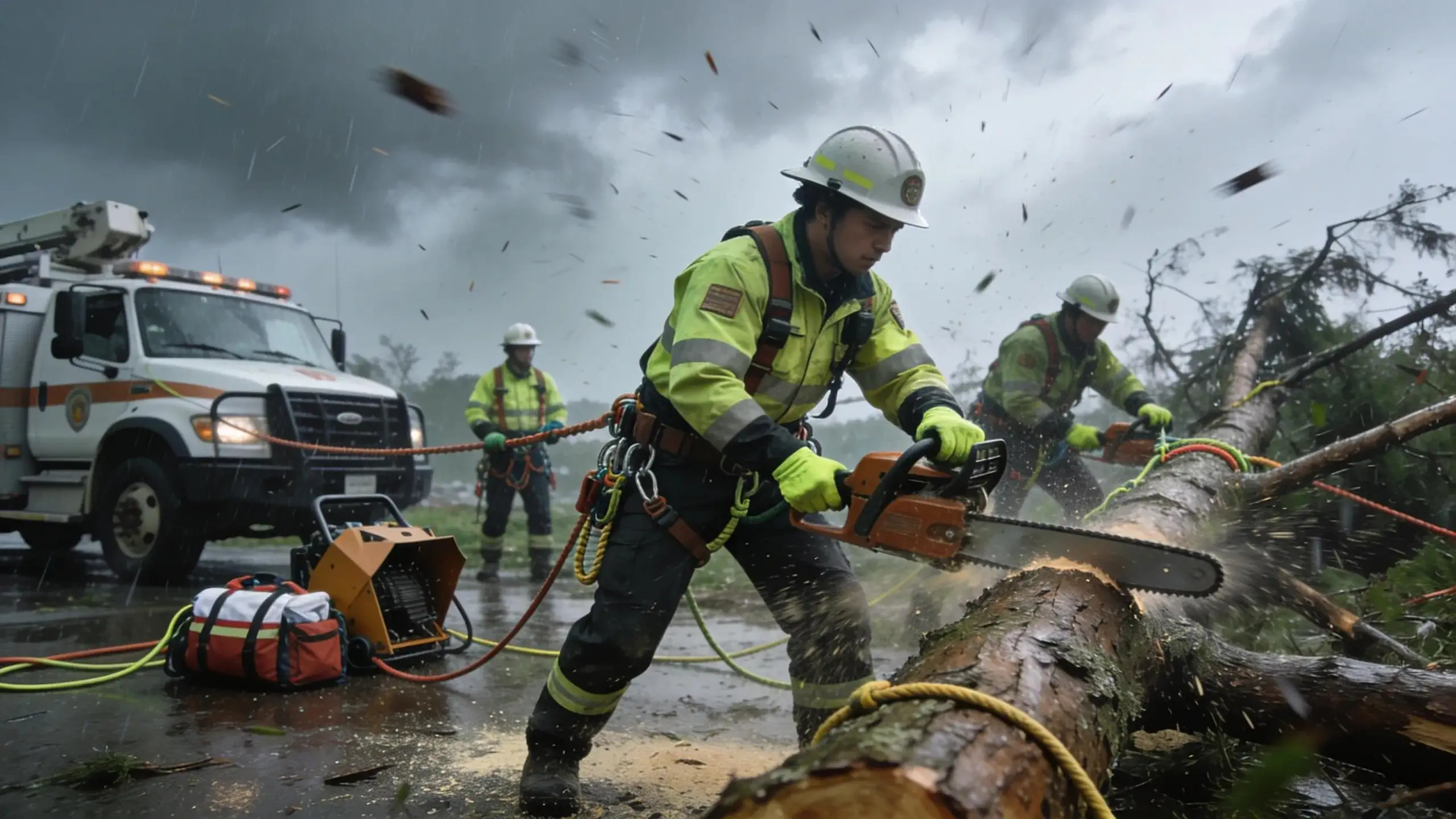 Emergency tree service crew clearing storm-damaged limbs from a Woodstock property